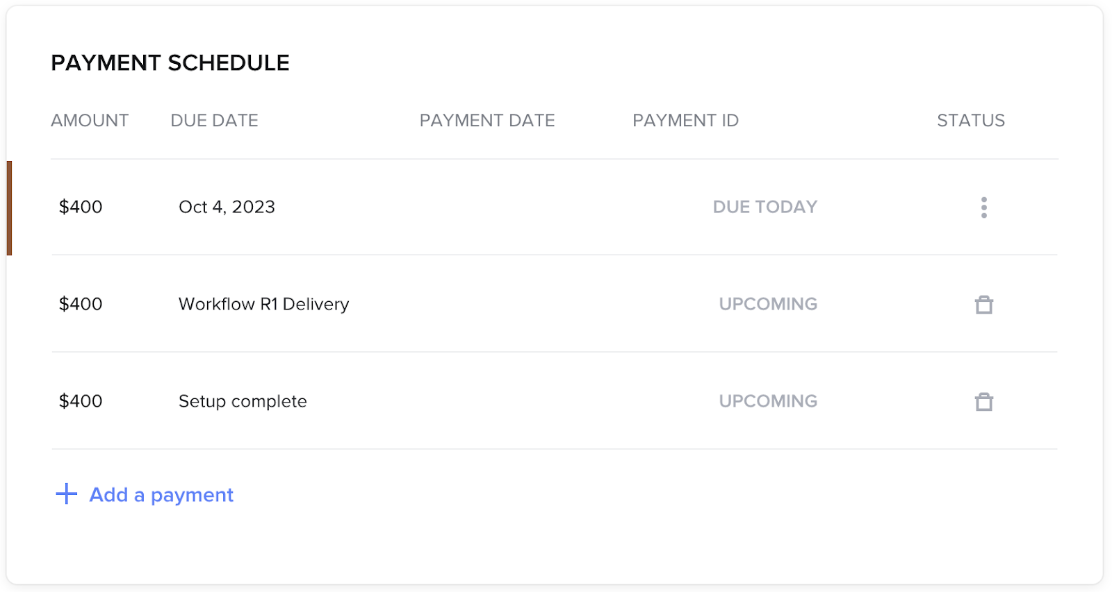 Screenshot of HoneyBook payment schedule feature